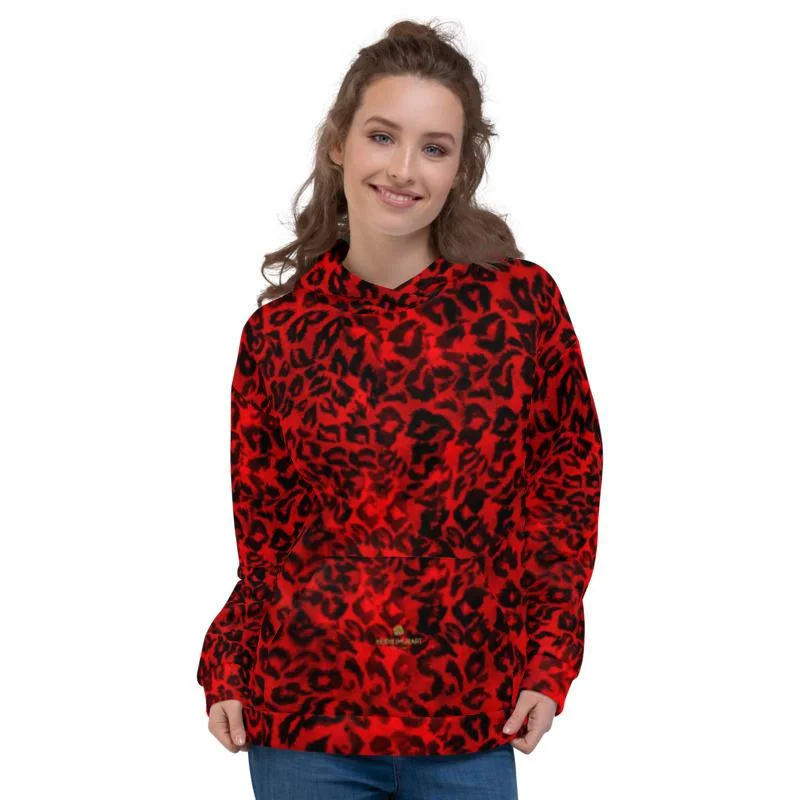 Red Leopard Women's Hoodies, Animal Print Premium Unisex Sweatshirt-Made in Europe