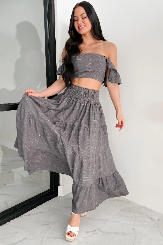 Laugh Till It Hurts Two Piece Ruffle Skirt Set (Charcoal)