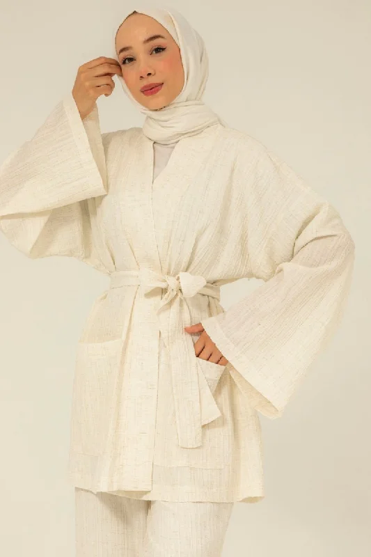 Cap Detailed Trousers Ecru Suit Sleeveless Satin Set