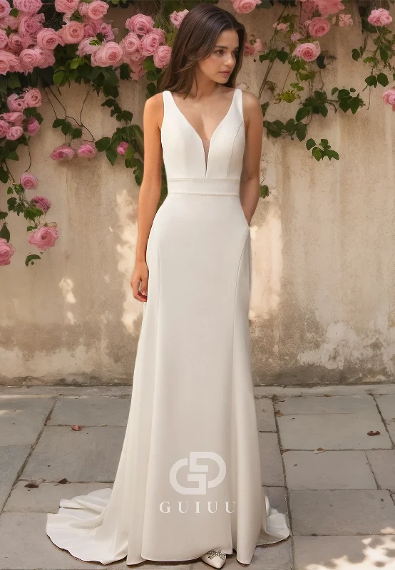 Trumpet V-Neck Sweep Train Simple Wedding Dress with Buttons and Straps