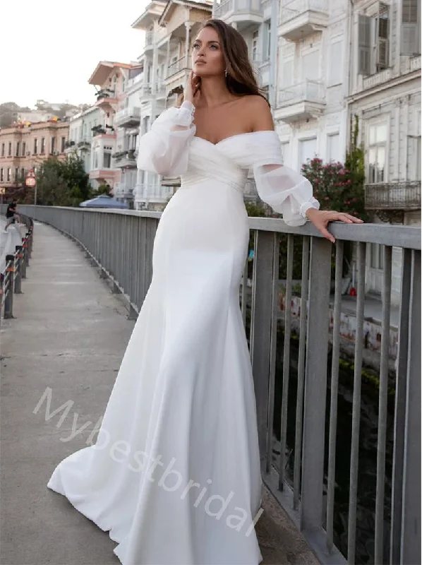 Elegant Off Shoulder Mermaid Simple Floor Length Wedding Dresses, WDY0355 Romantic Satin Dress