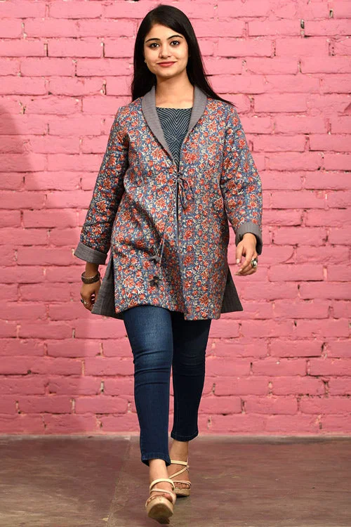 Dharan"Blue Side Yoke Quilted Jacket" Blue-Grey Block Printed Reversible Jacket Women's insulated jackets