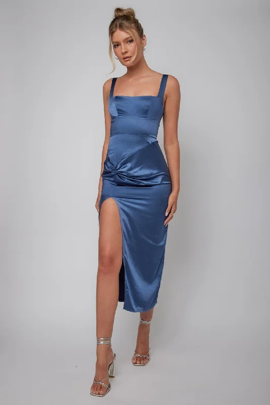 Kristin Knotted Waist Split Midi Dress Navy Edgy midi dresses
