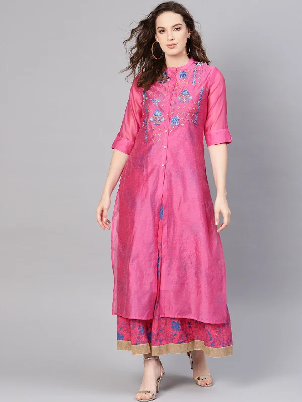 Fuchsia Chanderi Printed With Embroidery Layered Maxi Dress Urban Outfitters maxi dresses