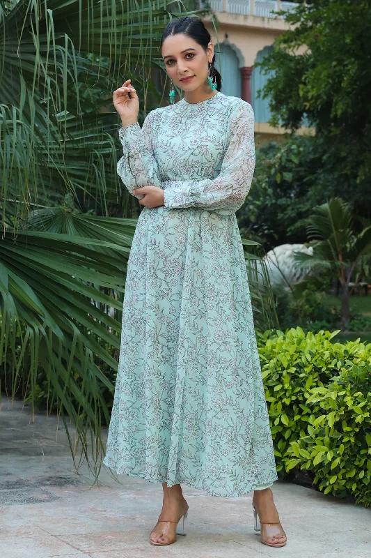 Sage Green Chiffon Printed Flared Maxi Dress H&M maxi dresses