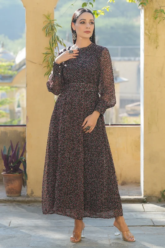 Black Chiffon Printed Flared Maxi Dress Preppy maxi dresses