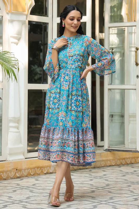 Aqua Blue Chiffon Printed Tiered Maxi Dress Chic maxi dresses