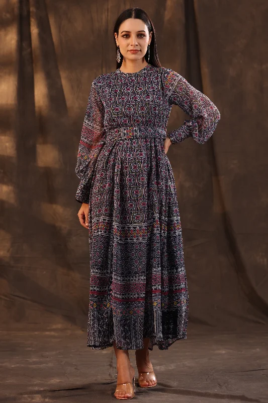 Navy Blue Chiffon Printed Flared Maxi Dress Glamorous maxi dresses