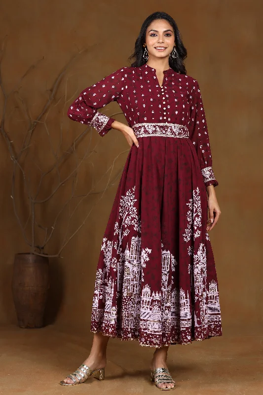 Wine Georgette Printed Flared Maxi Dress Edgy maxi dresses