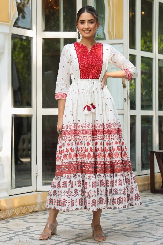 Maroon Cotton Cambric Printed With Embroidery Tiered Maxi Dress Boohoo maxi dresses
