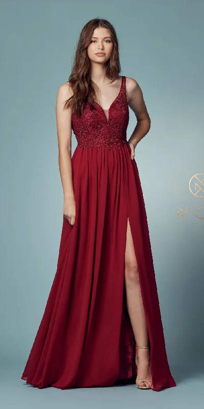 Nox Anabel Y299 A-Line Long Dress with Slit Beaded Bodice Beach maxi dresses