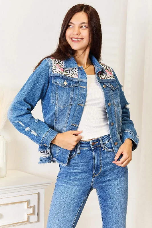Baeful Leopard Floral Distressed Raw Hem Denim Jacket Women's all-season jackets