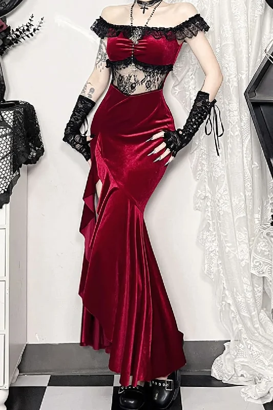 Burgundy Velvet Off The Shoulder Maxi Dress Glamorous maxi dresses