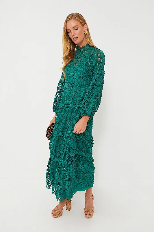Dark Green Guipure Long Sleeve Maxi Dress Y2K maxi dresses
