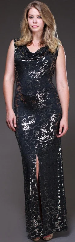 Long Black/Gold Foil Design Plus Size Maxi Dress Front Slit Cowl Vintage maxi dresses