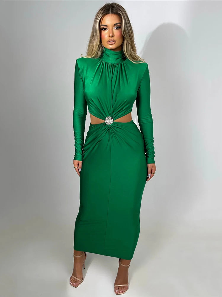 Zjkrl - Elegant Hollow Out Sexy Maxi Dress For Women Autumn Winter New Turtleneck Long Sleeve Bodycon Club Party Evening Dress