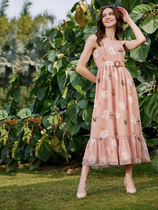 Women Nude Floral Belted Strappy Maxi Dress Corset maxi dresses