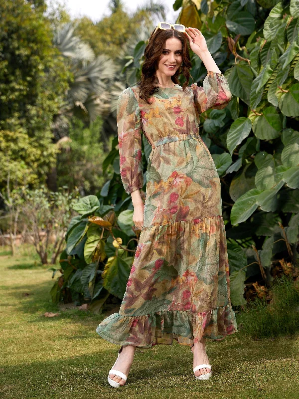 Women Green Jungle Print Waist Cut Out Maxi Dress Halter maxi dresses