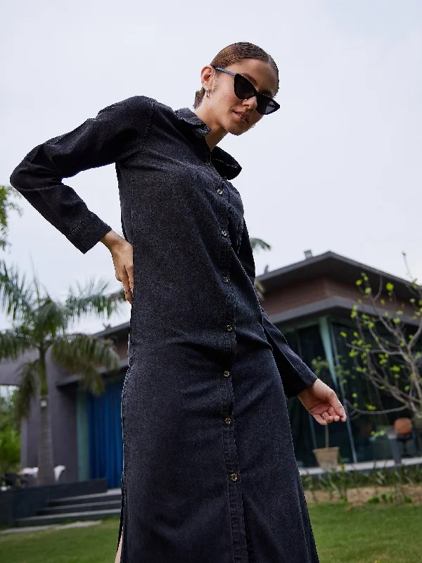 Women Black Acid Wash Tencel Maxi Shirt Dress Spring maxi dresses