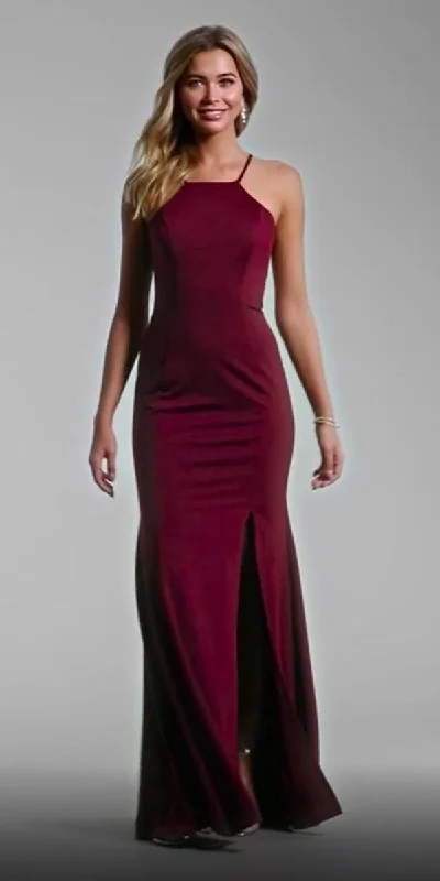 Poly USA 8156 Halter Long Dress Cut-Out Back with Slit Holiday maxi dresses