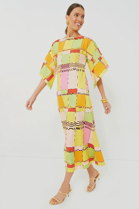 Yellow Colorblock Plaid Spinnaker Maxi Dress Stretchy maxi dresses