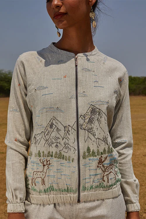 Okhai 'Deer Valley' Hand Embroidery Mirror Work Pure Cotton Bomber Jacket