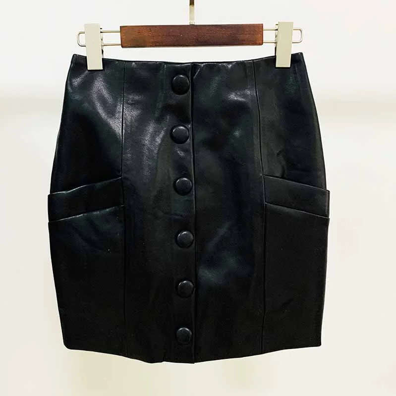 Hight Waisted Formal Leather Skirt Gold-tone Mini Wrap Hip Skirt Skater Mini Skirt