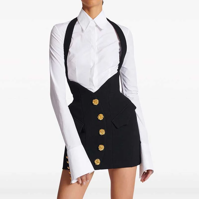 Mini Black Skirt with Shoulder Straps and White Shirt Mini Skirt Trendy