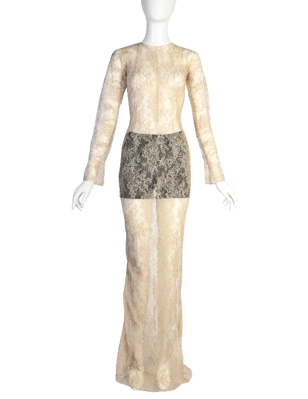 Dolce & Gabbana Vintage SS 1999 Beige Lace Sheer Gown with Black Lingerie Shorts Tulle party dresses