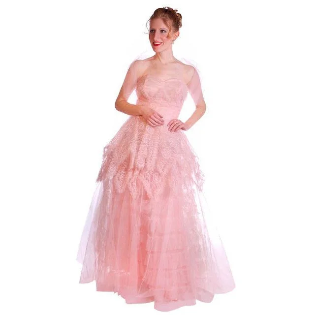 Vintage Full Length Dress Pink Prom Gown Frothy Lace & Tulle 1940s Small Vintage party dresses Vintage Full Length Dress Pink Prom Gown Frothy Lace & Tulle 1940s Small Vintage party dresses