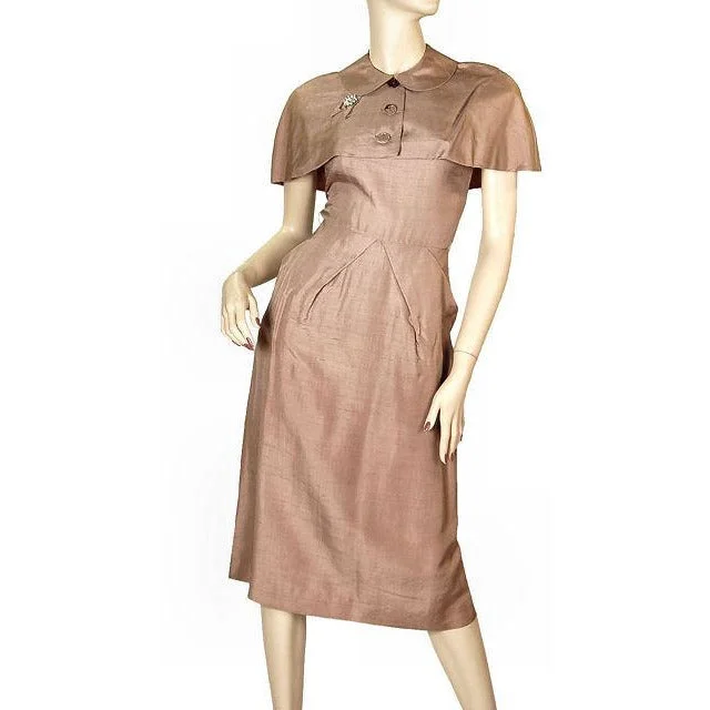 Vintage Mocha Silk Cocktail Dress W/ Cape Bolero 1950S Small 33-25-40 Satin party dresses