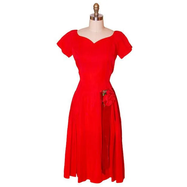 Vintage MCM Red Rayon Satin Party Dress Gay Gibson 1950s 35-28-Free Petite party dresses