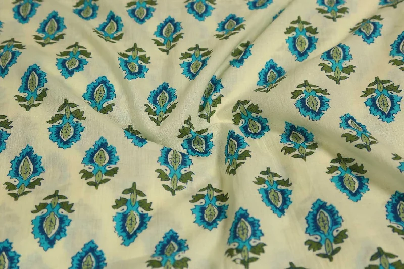Cream Printed Cotton Cambric Fabric Women's trendy floral dresses sale