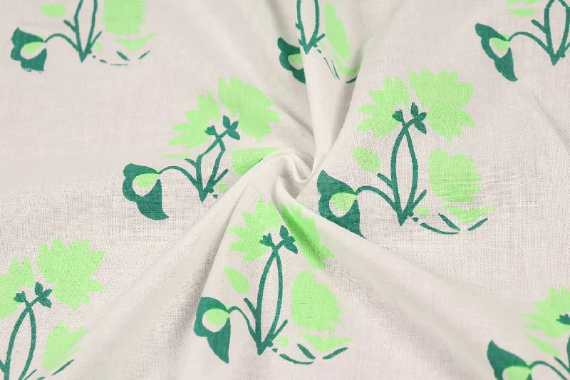 White Cotton Cambric Block Printed Fabric New Year's Eve floral dresses