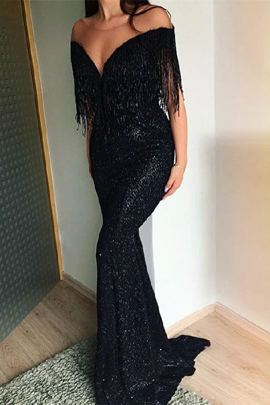 Black Sequins Mermaid Evening Gowns Tassels Sweep-Train Long Prom Dresses Gold Sequin Dress