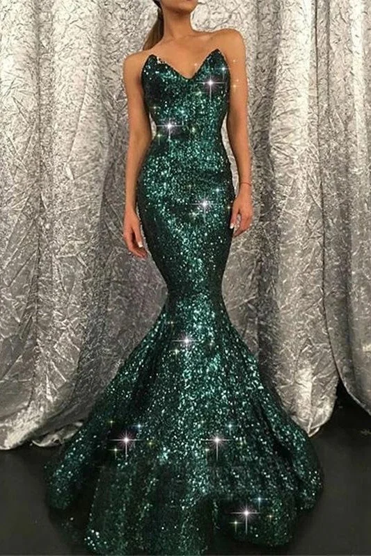 Charming Sweetheart Dark Green Sequins Mermaid Prom Evening Gown Sequin Backless Dress