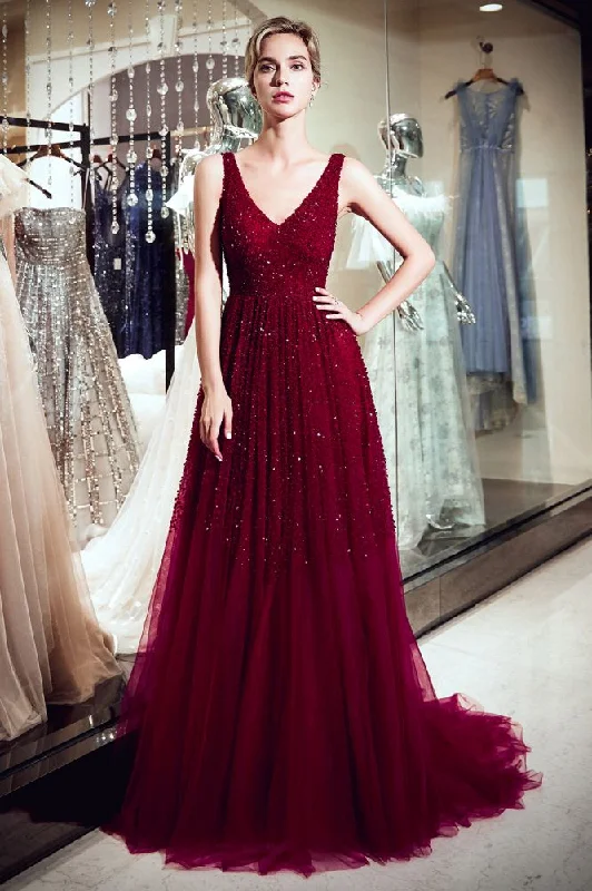 MELANIE A-line Long V-neck Sleeveless Burgundy Sequins Tulle Evening Dresses Long Sleeve Sequin