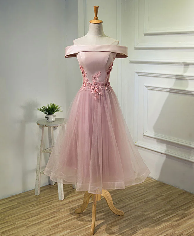 Pink A Line Off Shoulder Tea Length Prom Dress, Lace Homecoming Dresses Simple Lace Gown