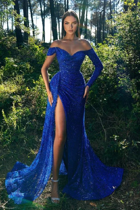 Royal Blue Long Sleeves Sequins Mermaid Evening Dress With Slit Elegant Glitter Sequin