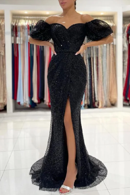 Sexy Off-the-Shoulder Black Mermaid Sequins Prom Dress Long With Slit Sequin Dress Vibe