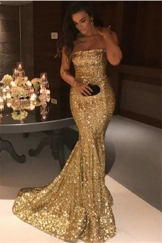 Sparkle Gold Sequins Mermaid Evening Gowns Chic Strapless Prom Dresses Sparkling Sequin Dress