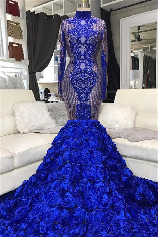 Sparkle Sequins Blue Flowers Fit and Flare Prom Dresses Appliques High Neck Long Sleeves Evening Gowns Formal Sequin Gown