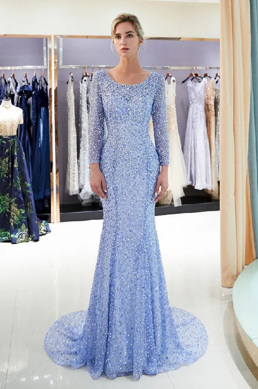 Train Mermaid Long Sleeves Sequins Chiffon Beaded Prom Dresses GJS146 Sequin Wrap Dress