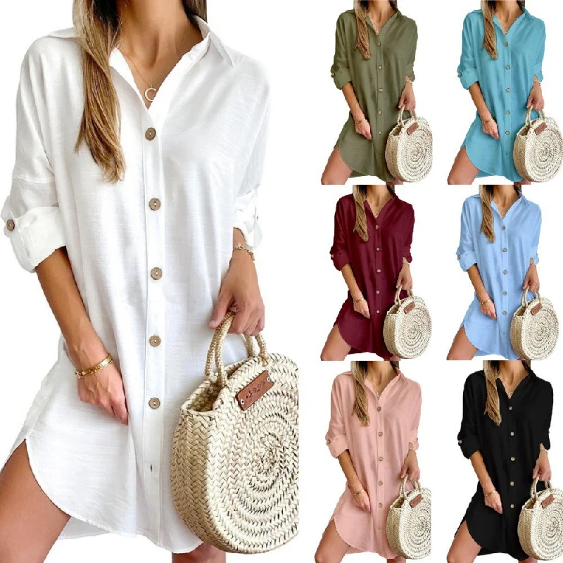 Autumn Leisure Long Sleeve Lapel Button Shirt Dress Womens Clothing Soft Cotton Shirt