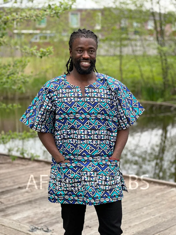 Blue / white Bogolan Dashiki Shirt / Dashiki Dress - African print top - Unisex Wrap Shirt Dress