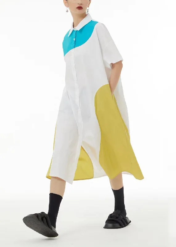 French Colorblock Peter Pan Collar Patchwork Cotton Shirt Dresses Summer LC0138 Relaxed Fit Shirt