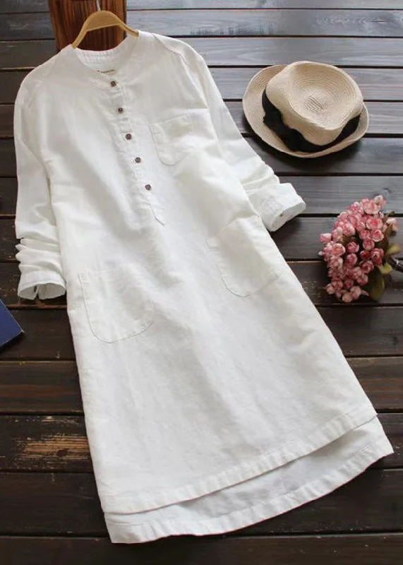 Loose White Button Pockets Linen Shirt Dresses Long Sleeve FF018 Silk Shirt Dress
