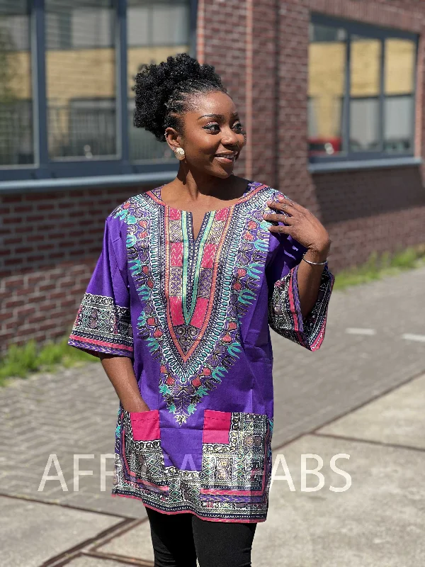Purple with gold effect Dashiki Shirt / Dashiki Dress - African print top - Unisex - Vlisco Flared Shirt Dress